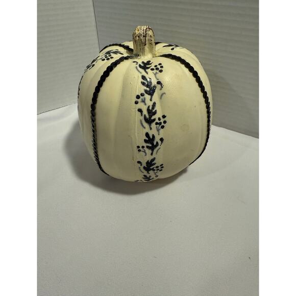 Styrofoam Decorated Pumpkin Neutral Fall Decor w/ Navy Leaf Design - Picture 1 of 8